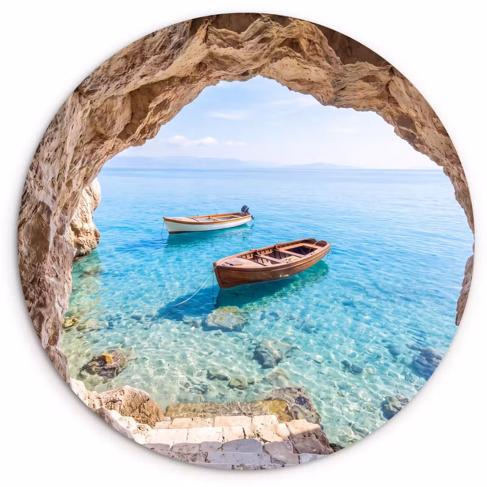 Glasbild Rund - Höhle – Meer – Boote — 1