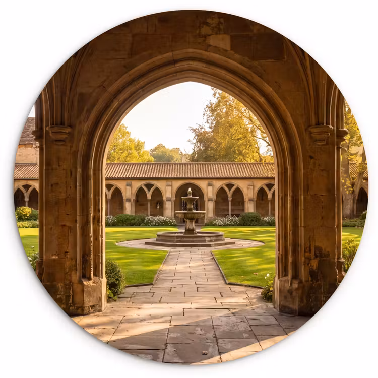 Glasbild Rund - Architektur – Garten – Springbrunnen — 1