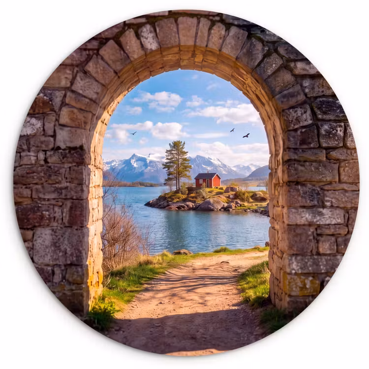 Glasbild Rund - Haus – See – Berge — 1
