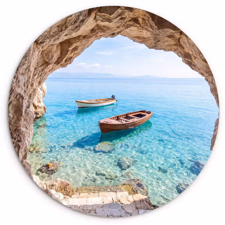 Glasbild Rund - Höhle – Meer – Boote — 1