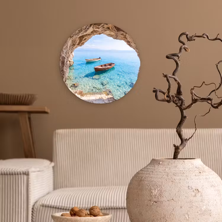 Glasbild Rund - Höhle – Meer – Boote — 2