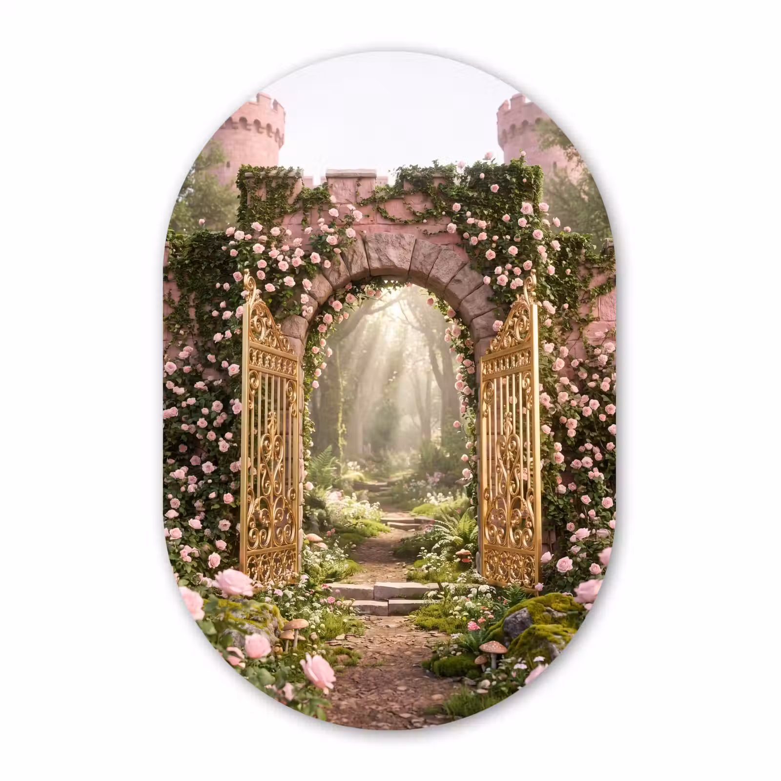Alu-Dibond-Bild Oval - Tor – Blumen – Märchen — 1