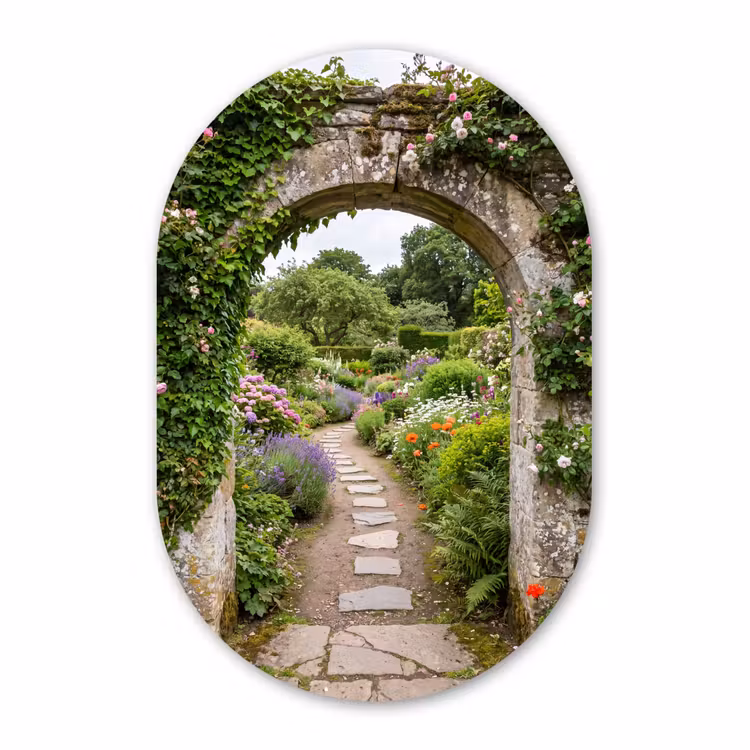 Glasbild Oval - Garten – Blumen – Weg — 1