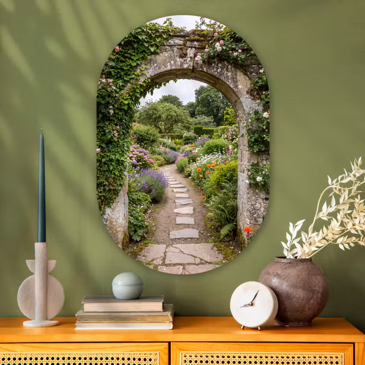 Glasbild Oval - Garten – Blumen – Weg — 2