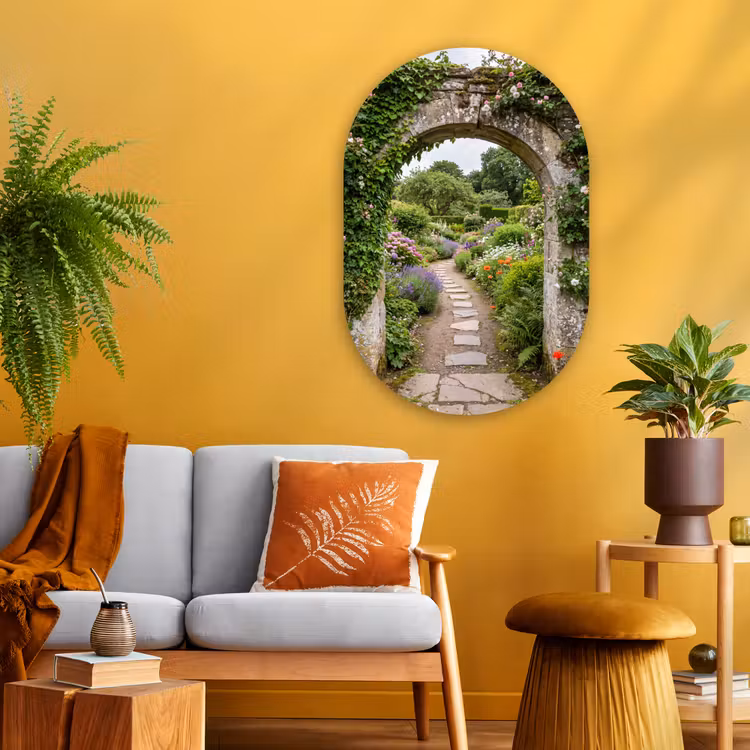 Glasbild Oval - Garten – Blumen – Weg — 3