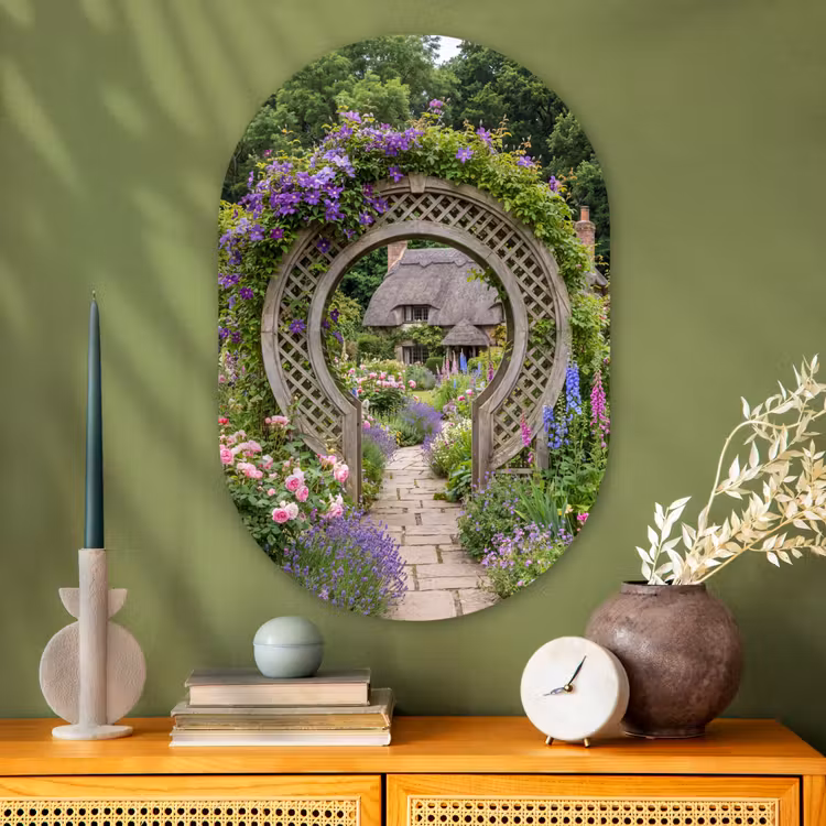 Glasbild Oval - Garten – Bogen – Blumen — 2