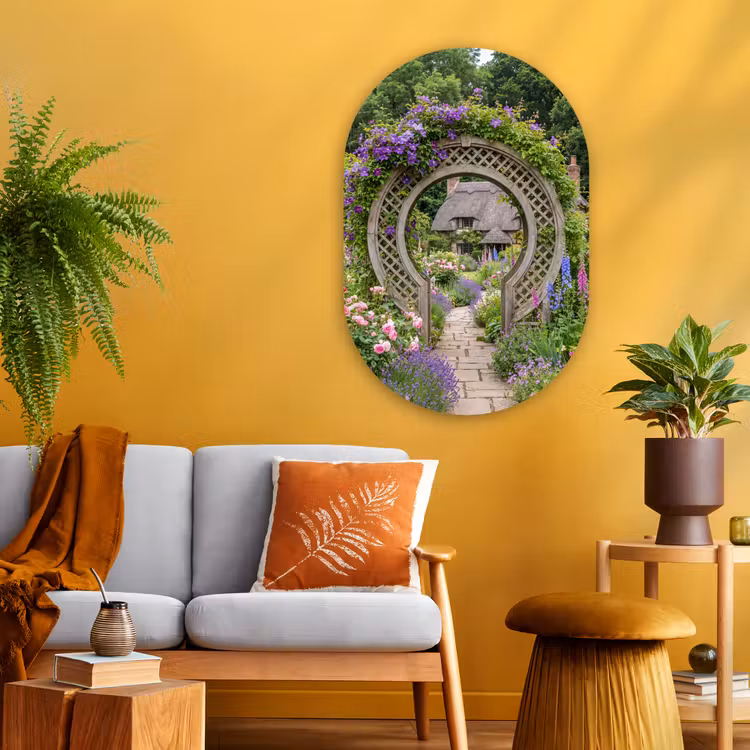 Glasbild Oval - Garten – Bogen – Blumen — 3