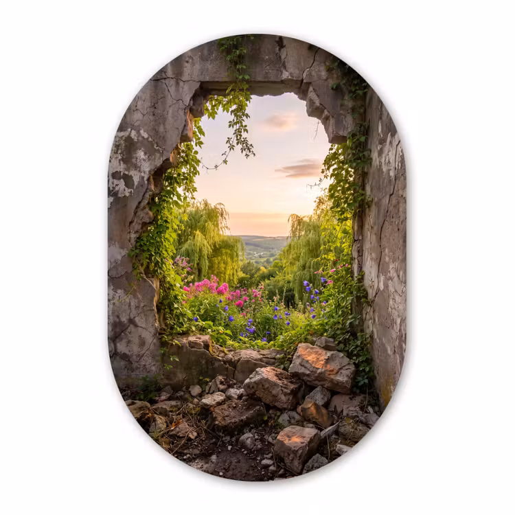Glasbild Oval - Mauer – Natur – Blumen — 1