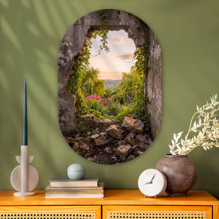 Glasbild Oval - Mauer – Natur – Blumen — 2