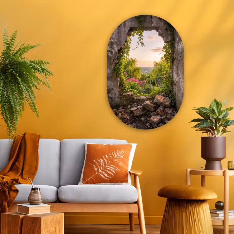 Glasbild Oval - Mauer – Natur – Blumen — 3