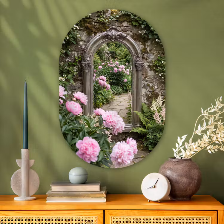 Glasbild Oval - Spiegel – Garten – Blumen — 2