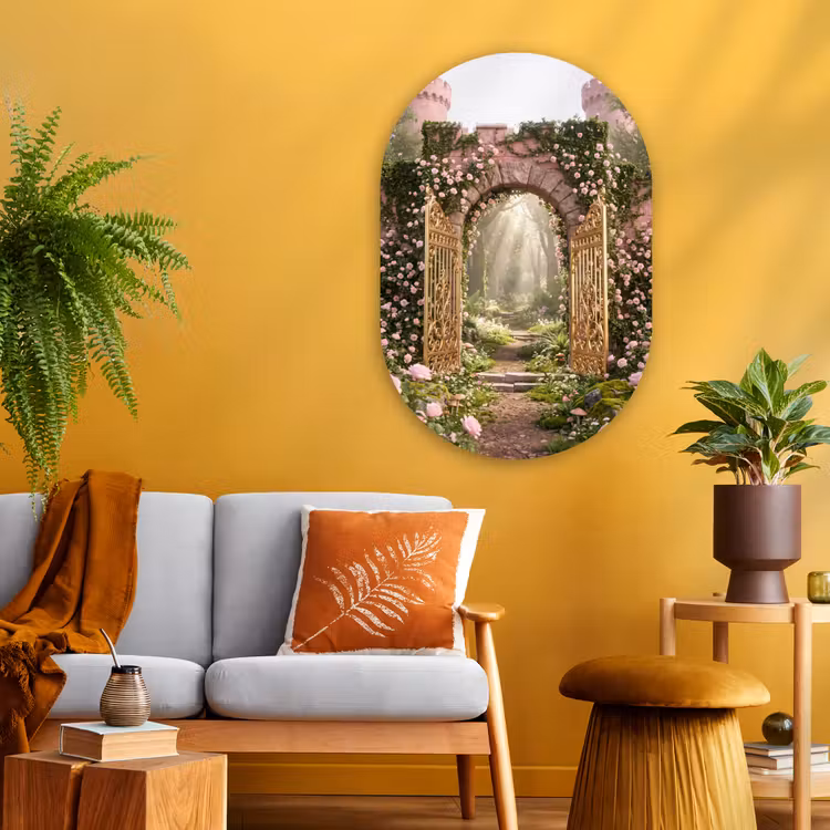 Glasbild Oval - Tor – Blumen – Märchen — 3