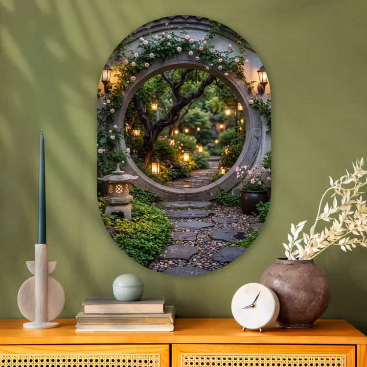 Glasbild Oval - Tor – Garten – Beleuchtung — 2