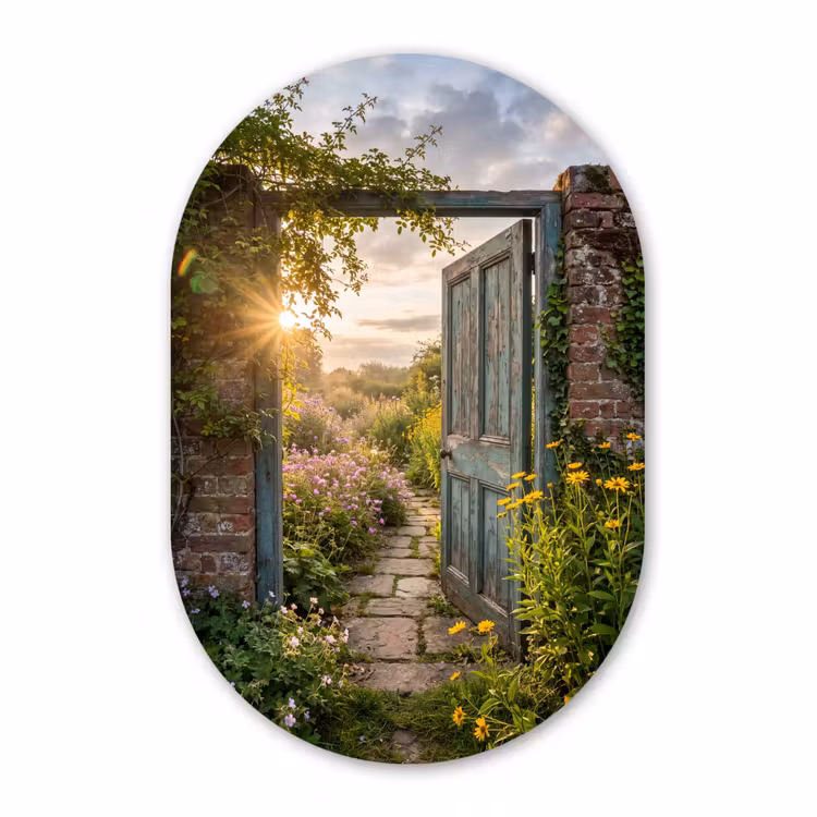 Glasbild Oval - Tür – Garten – Natur — 1