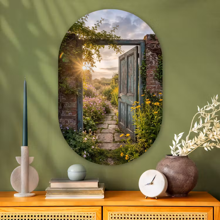 Glasbild Oval - Tür – Garten – Natur — 2