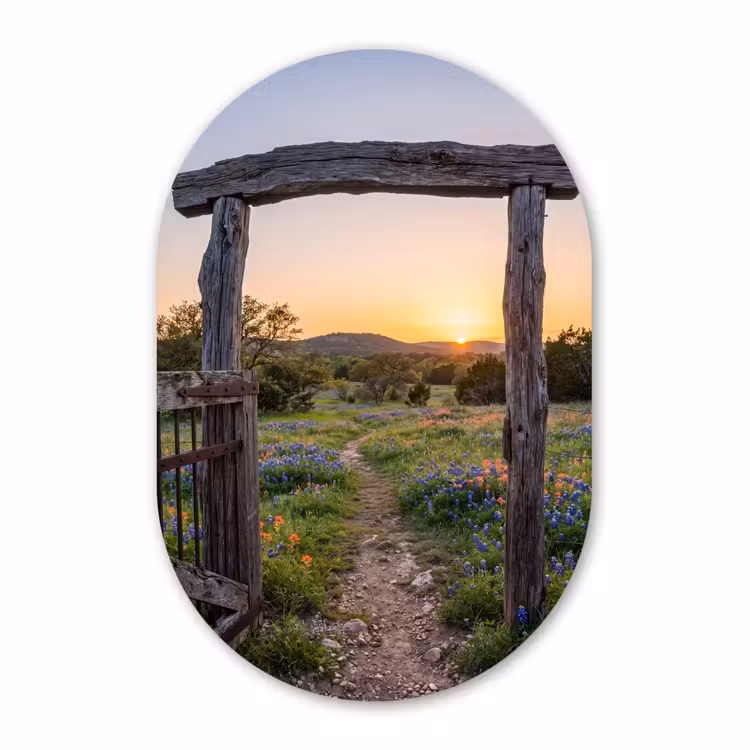 Glasbild Oval - Tor – Blumen – Natur — 1