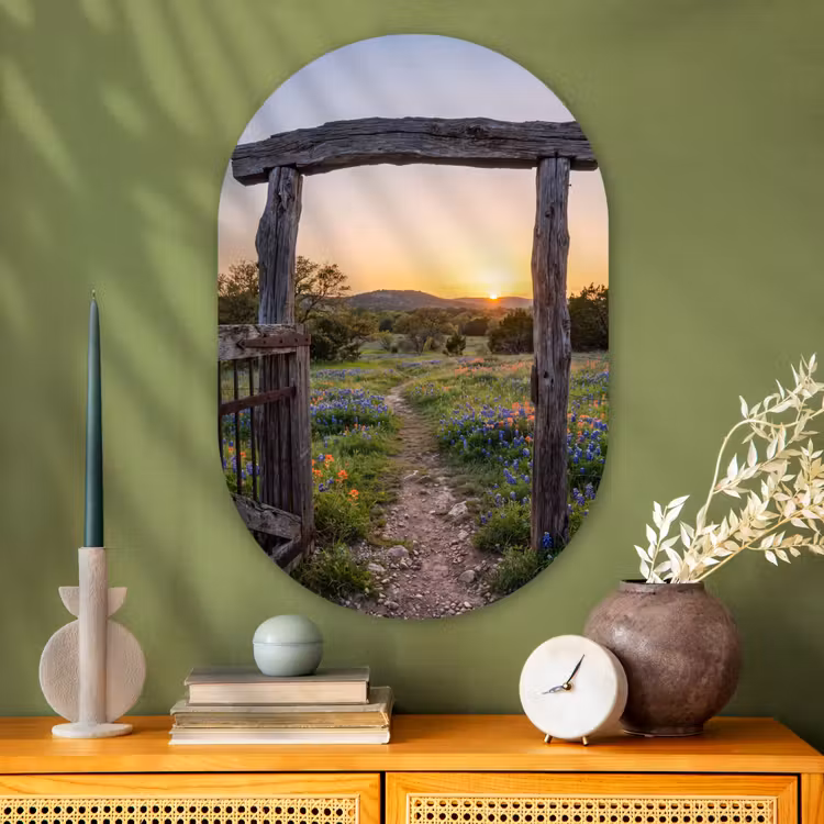 Glasbild Oval - Tor – Blumen – Natur — 2