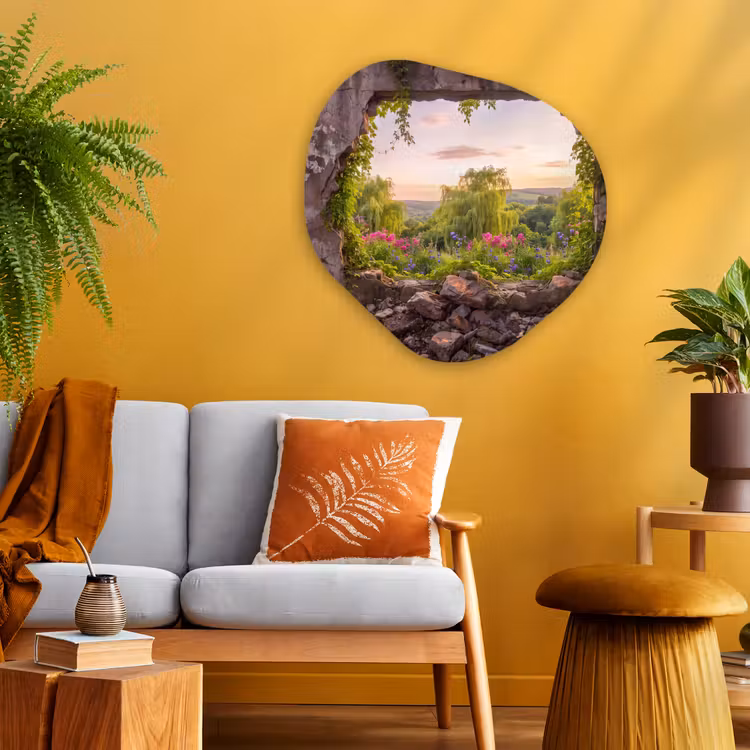 Glasbild Organische Form - Mauer – Natur – Blumen — 3