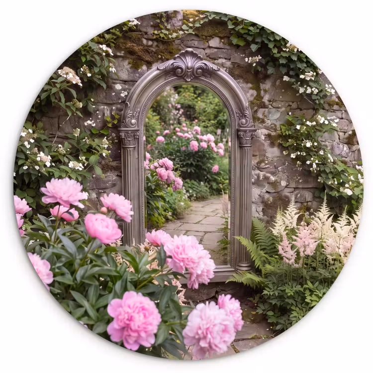 Forexbild Rund - Spiegel – Garten – Blumen — 1