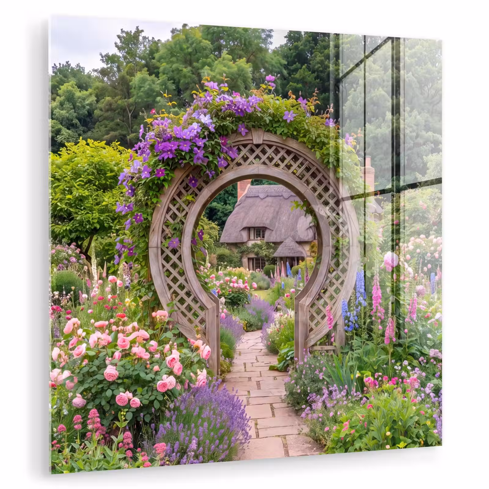 Glasbild - Garten – Bogen – Blumen — 1
