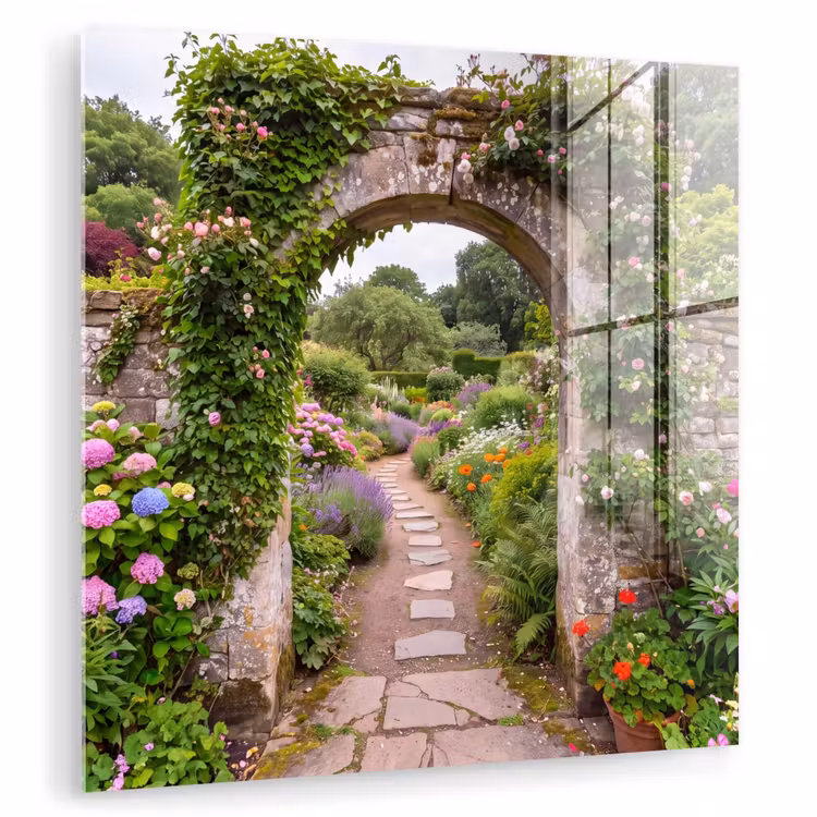 Glasbild - Garten – Blumen – Weg — 1