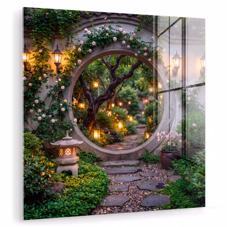 Glasbild - Tor – Garten – Beleuchtung — 1
