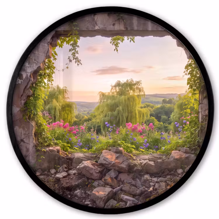 Poster im Rahmen Rund - Mauer – Natur – Blumen — 1