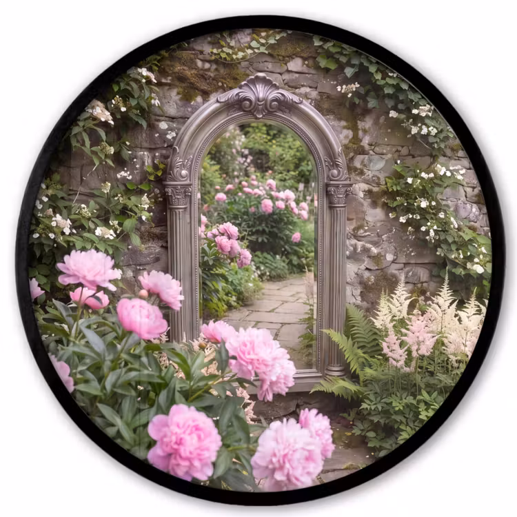 Poster im Rahmen Rund - Spiegel – Garten – Blumen — 1