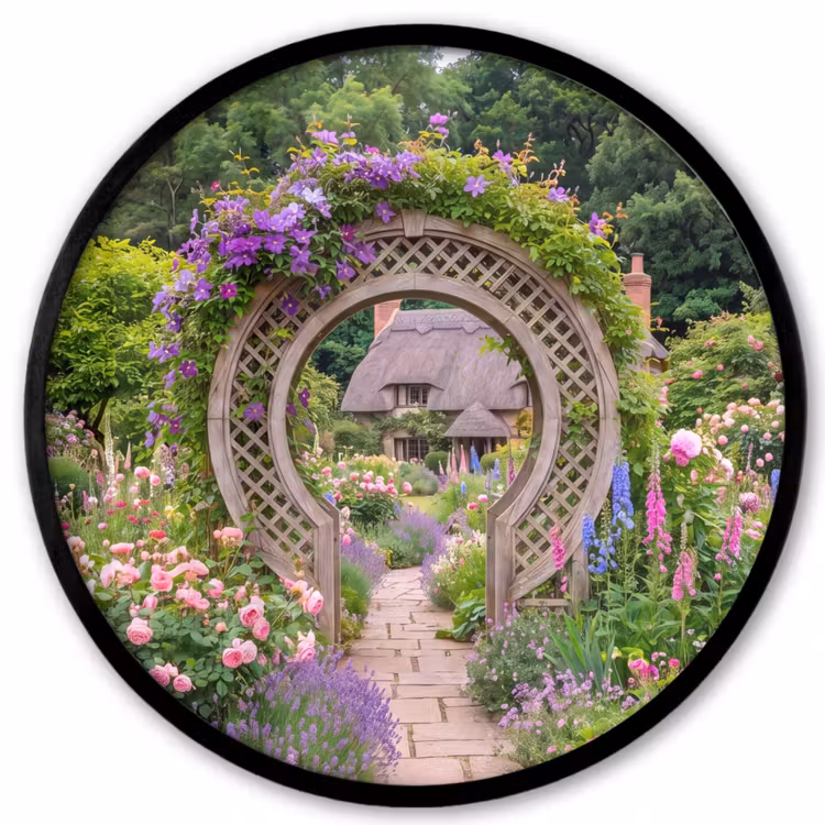 Poster im Rahmen Rund - Garten – Bogen – Blumen — 1