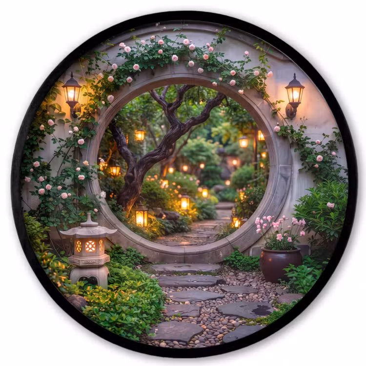 Poster im Rahmen Rund - Tor – Garten – Beleuchtung — 1