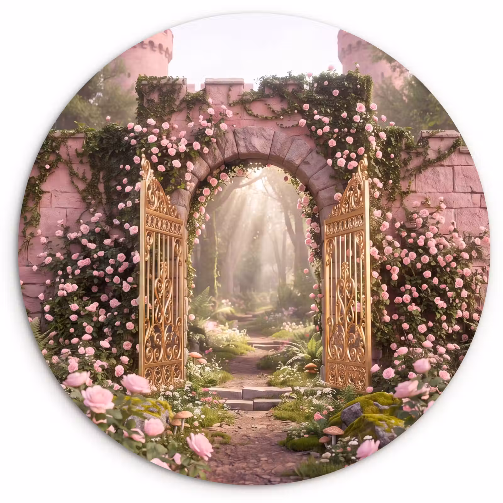Glasbild Rund - Tor – Blumen – Märchen — 1