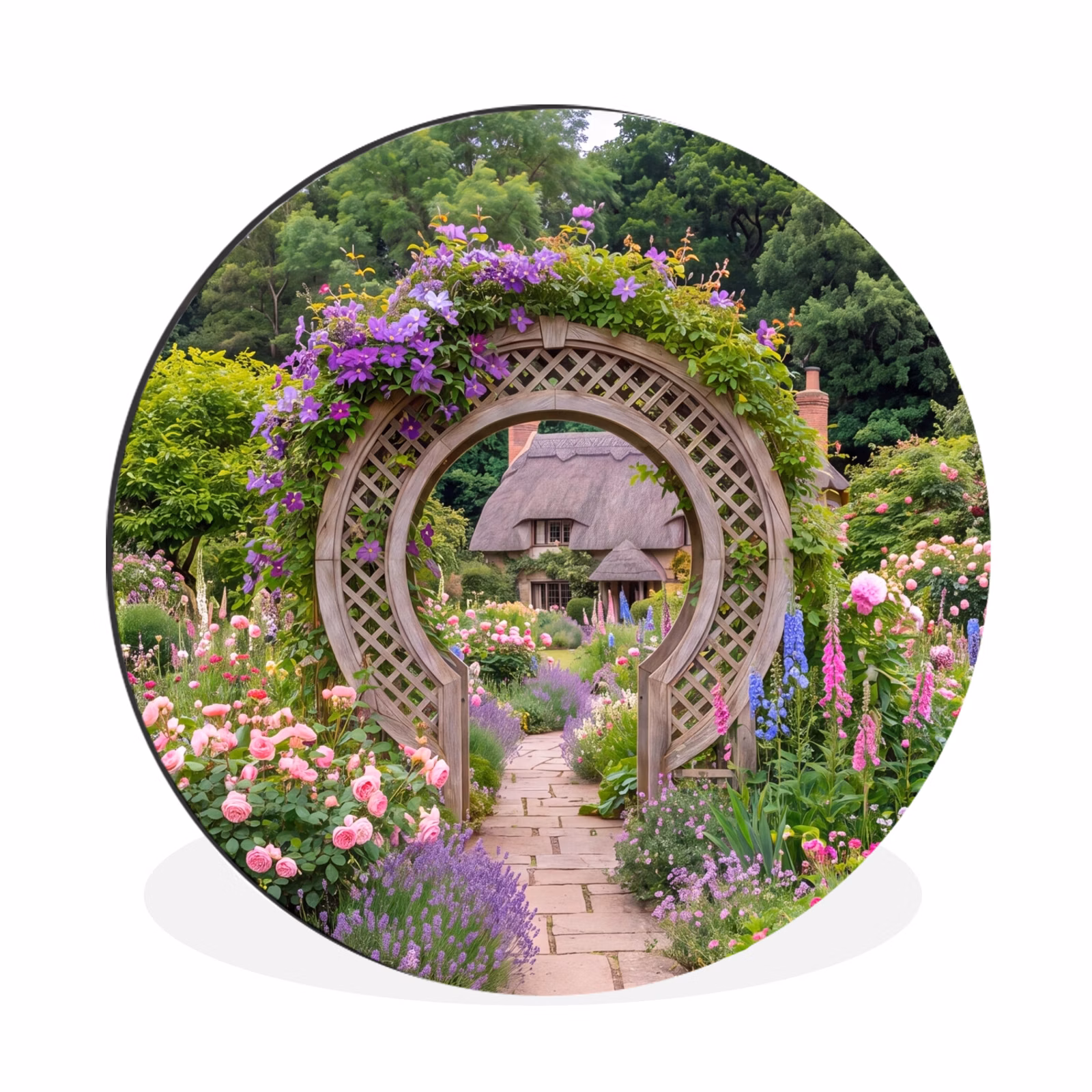 Alu-Dibond-Bild Rund - Garten – Bogen – Blumen — 1