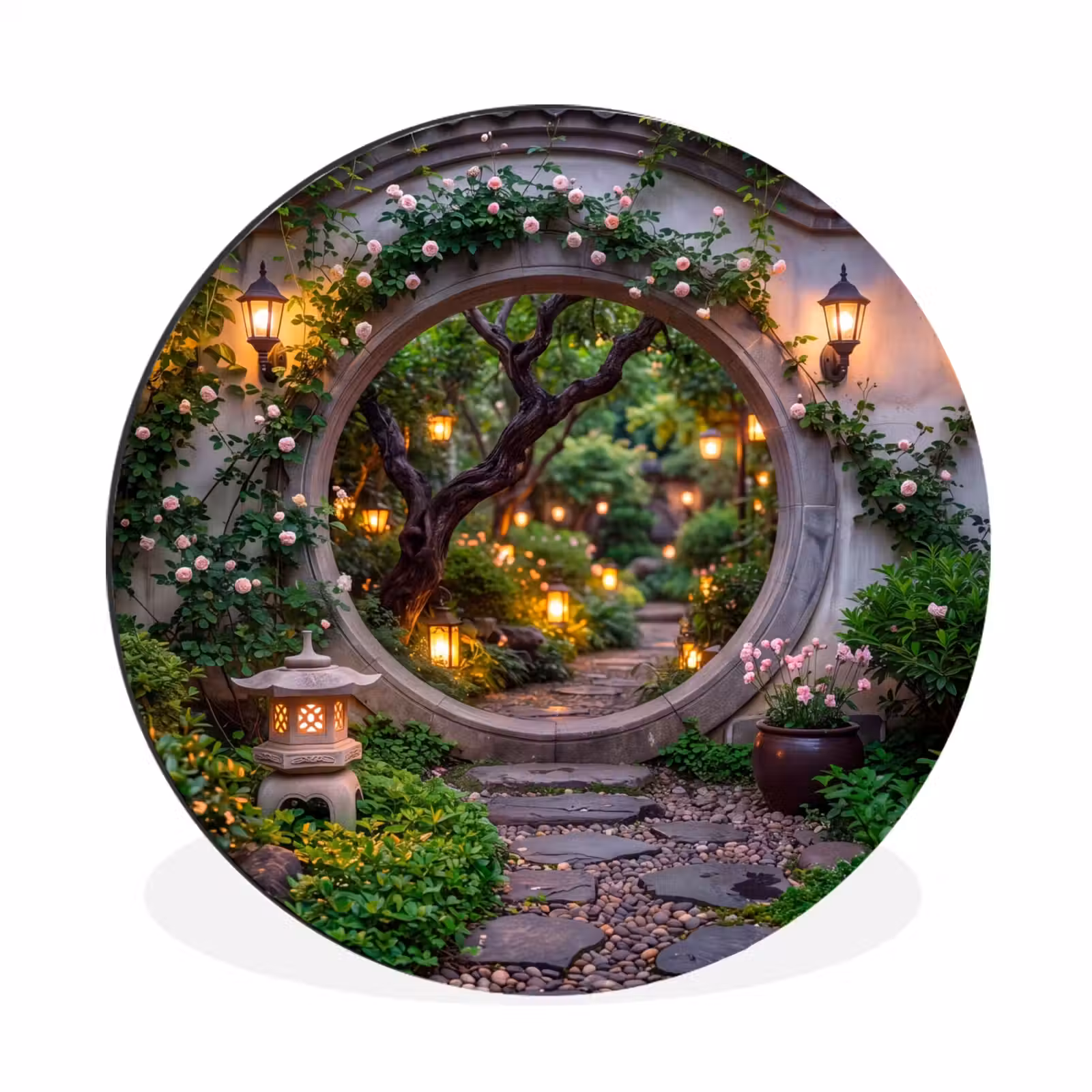 Alu-Dibond-Bild Rund - Tor – Garten – Beleuchtung — 1