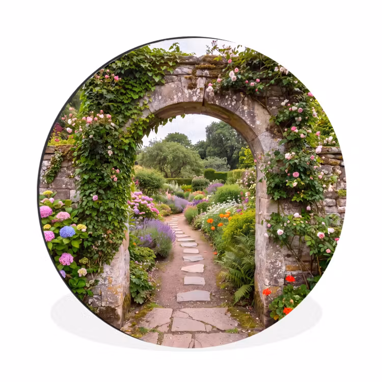 Alu-Dibond-Bild Rund - Garten – Blumen – Weg — 1