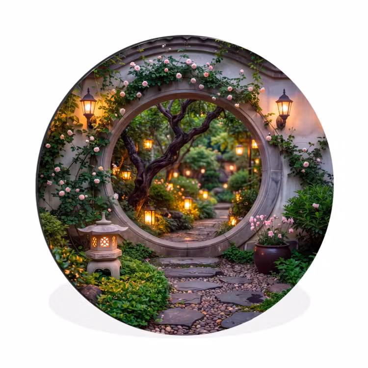 Alu-Dibond-Bild Rund - Tor – Garten – Beleuchtung — 1