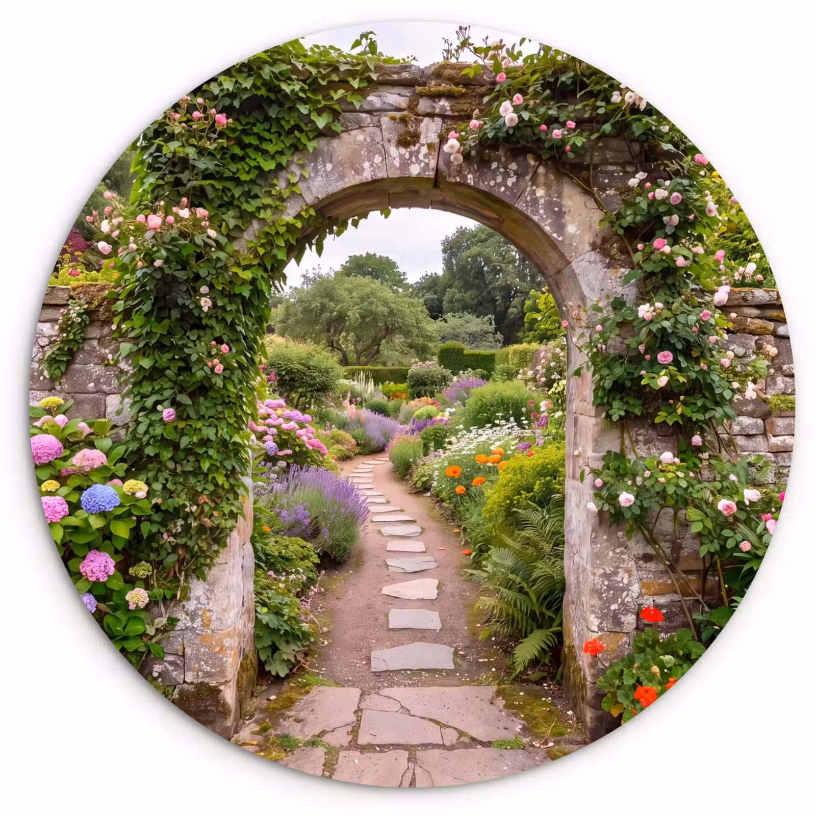 Glasbild Rund - Garten – Blumen – Weg — 1