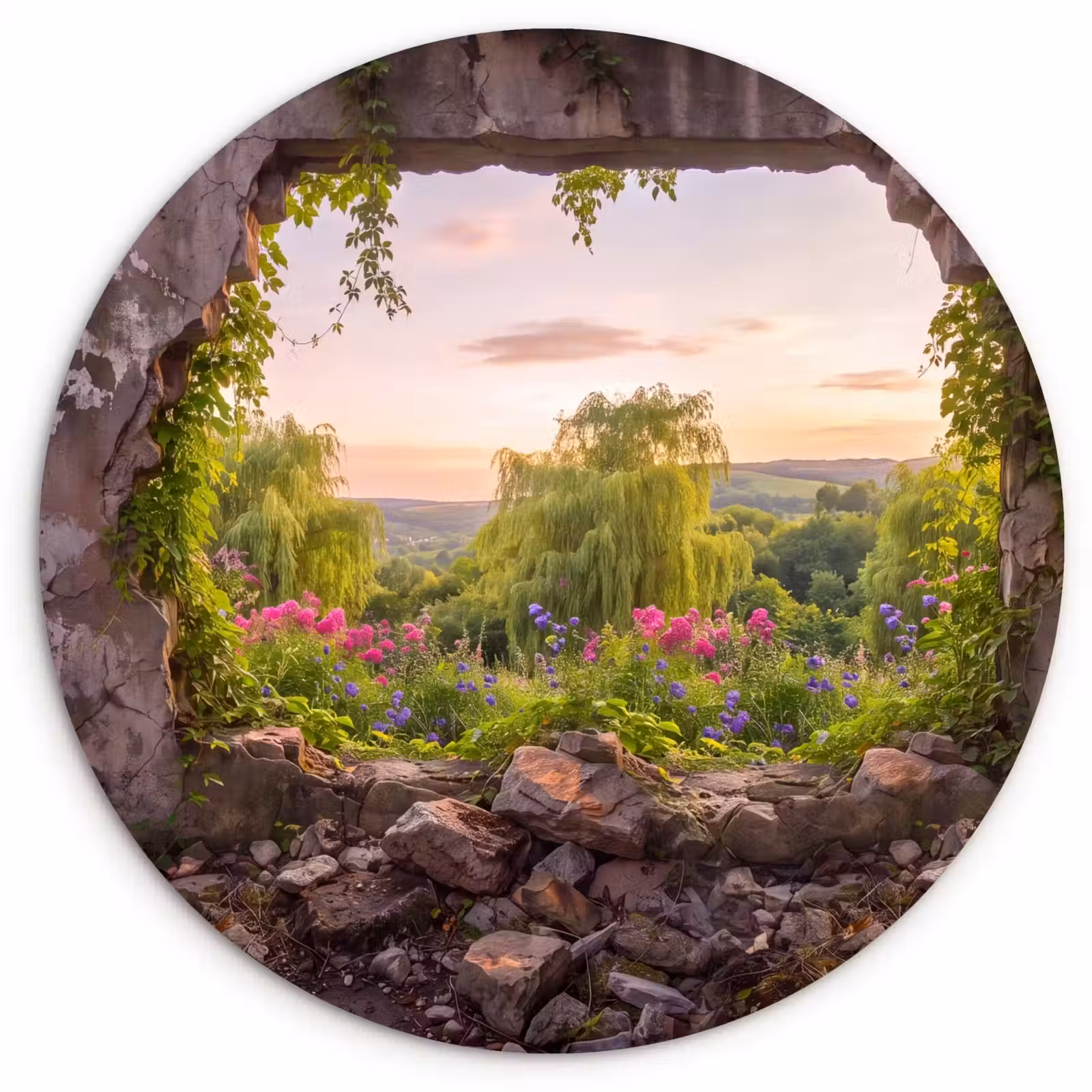 Glasbild Rund - Mauer – Natur – Blumen — 1