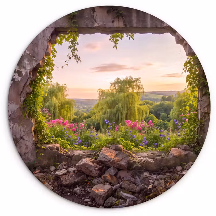 Glasbild Rund - Mauer – Natur – Blumen — 1