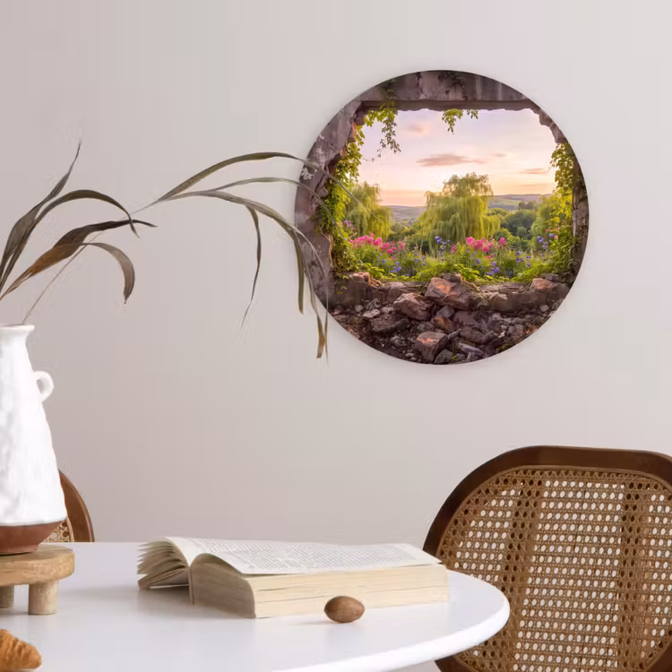 Glasbild Rund - Mauer – Natur – Blumen — 4