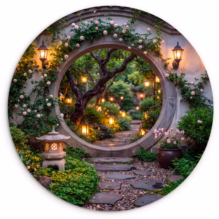 Glasbild Rund - Tor – Garten – Beleuchtung — 1