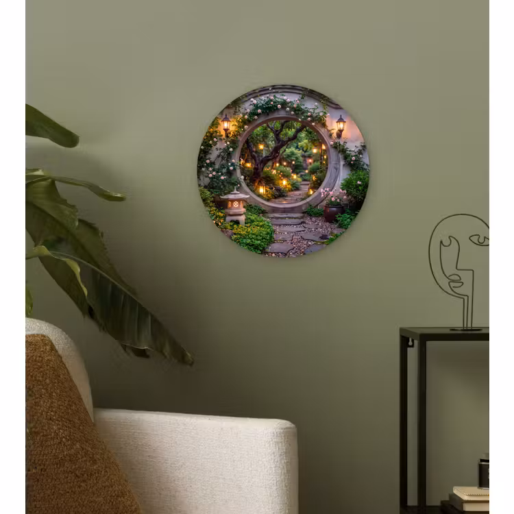 Glasbild Rund - Tor – Garten – Beleuchtung — 3
