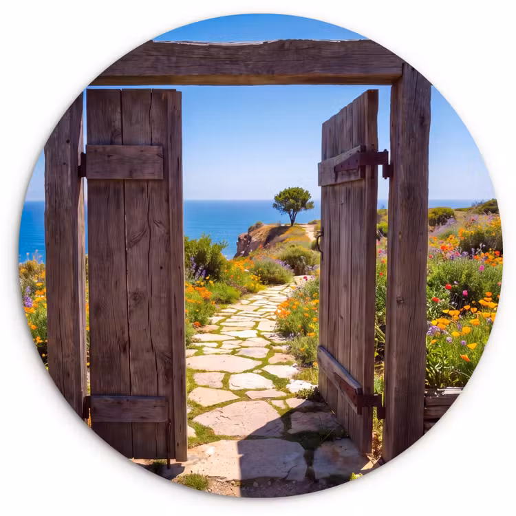 Glasbild Rund - Tor – Weg – Meer — 1