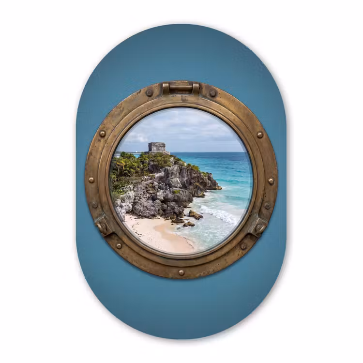 Glasbild Oval - Gebäude – Strand – Meer — 1