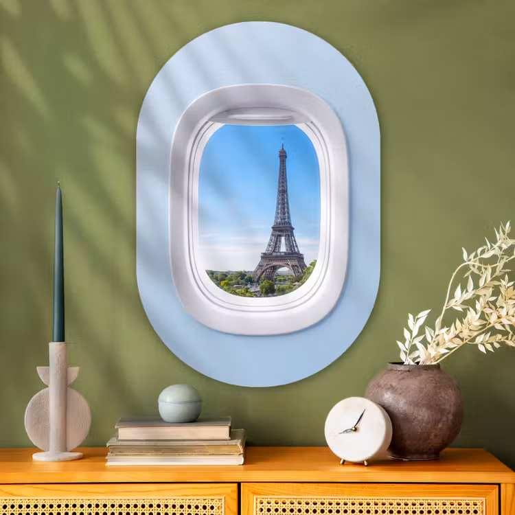 Glasbild Oval - Eiffelturm – Flugzeugfenster – Reisen — 2