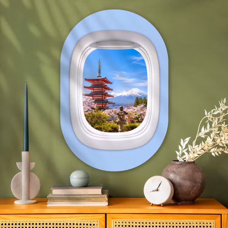 Glasbild Oval - Pagode – Berg – Blüten — 2