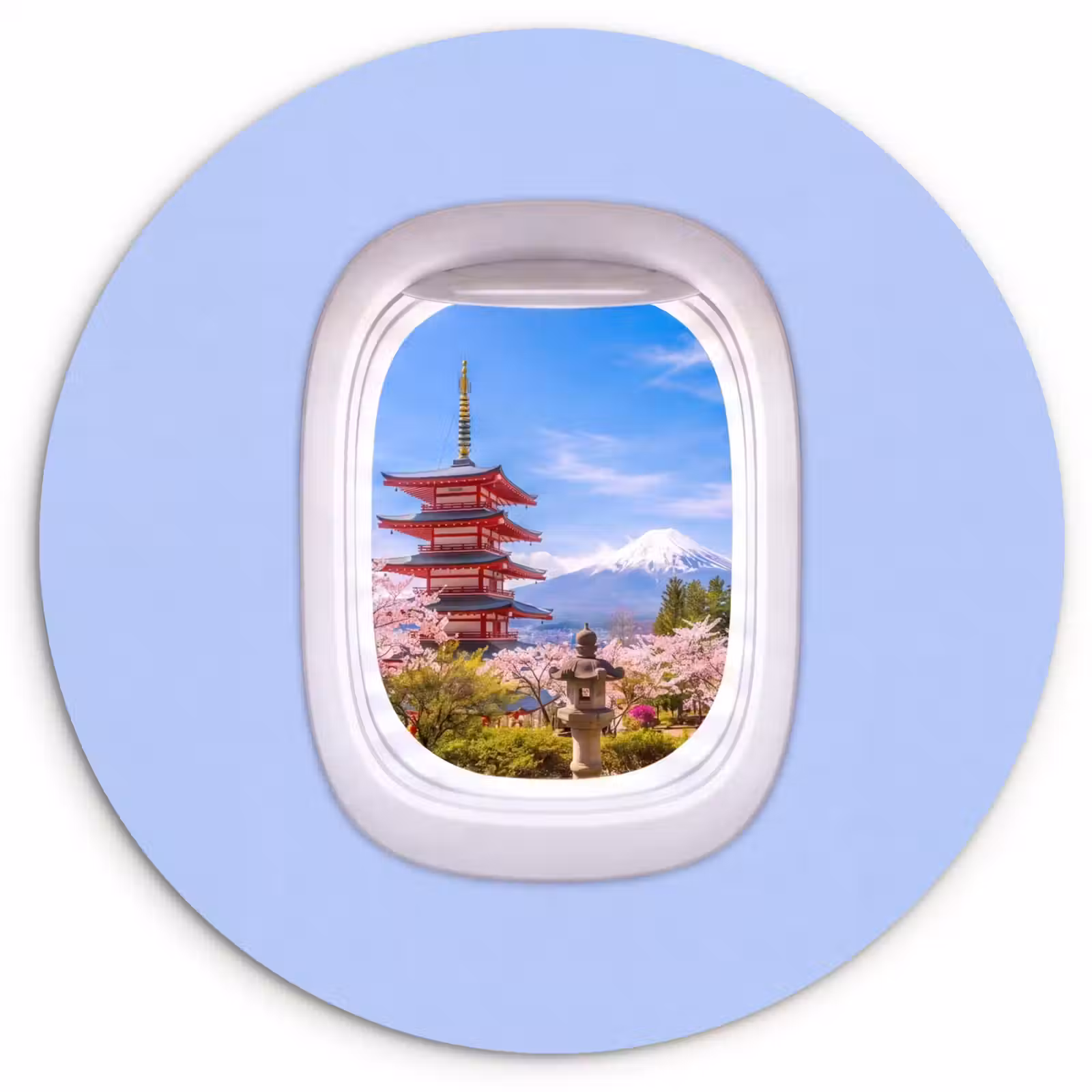 Glasbild Rund - Pagode – Berg – Blüten — 1