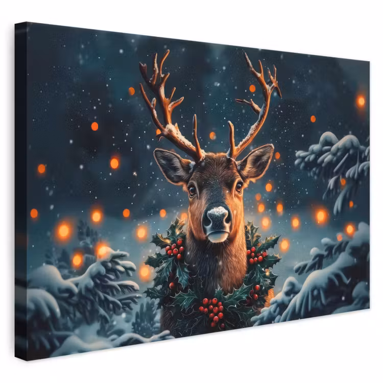 Leinwandbild - Hirsch - Weihnachten - Winter - Schnee - Weihnachtskranz — 1