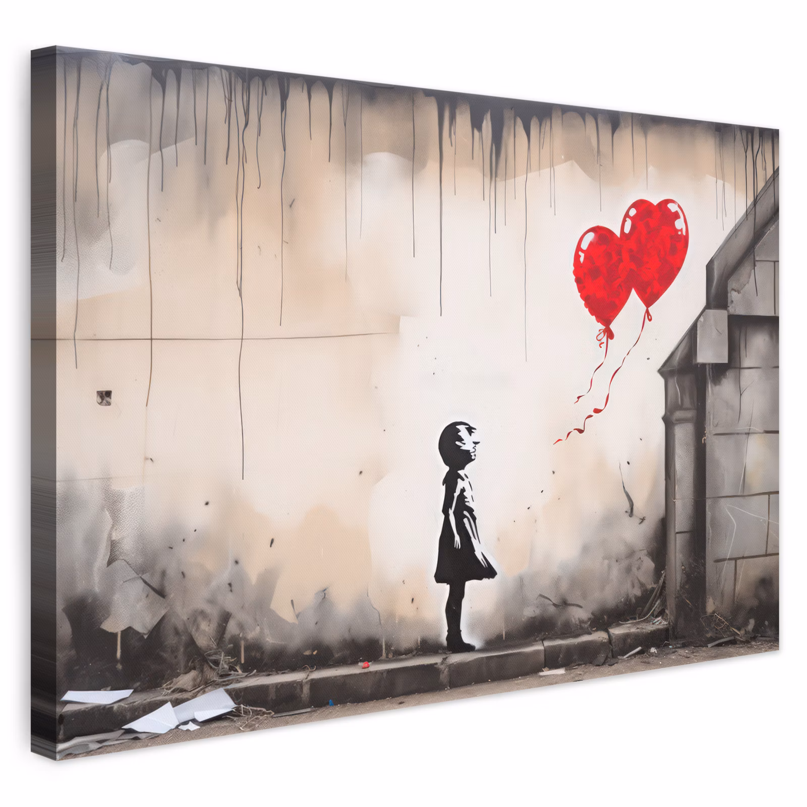 Leinwandbild - Kunst - Mädchen - Luftballons - Herz - Grau — 1