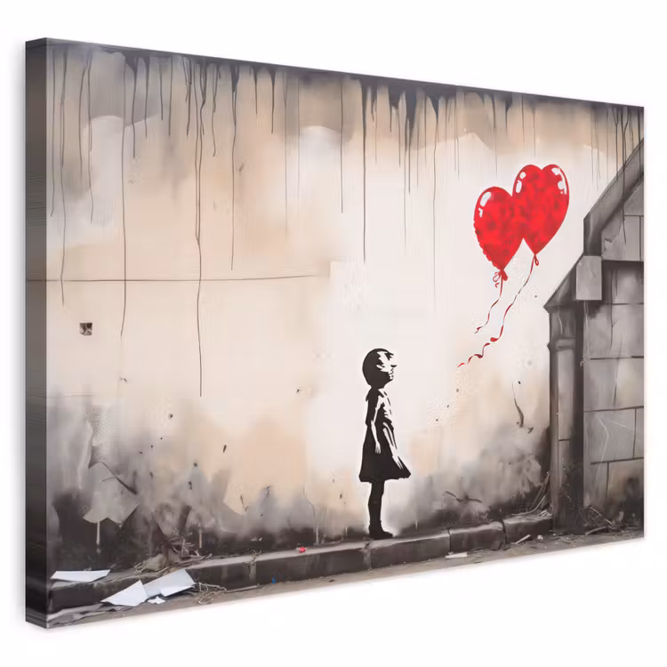 Leinwandbild - Kunst - Mädchen - Luftballons - Herz - Grau — 1