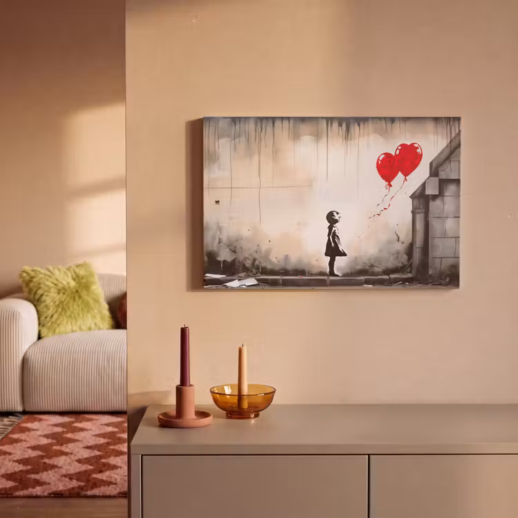 Leinwandbild - Kunst - Mädchen - Luftballons - Herz - Grau — 2